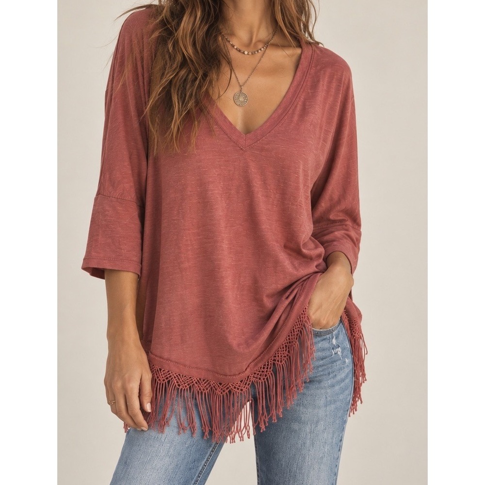 Sundance Dusty Rose Fringe Hem Tunic Top M Boho 100% Cotton